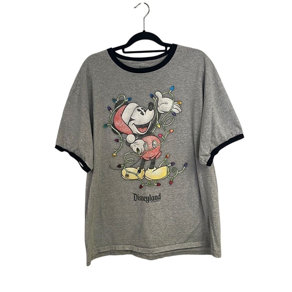 Unisex Disneyland Disney World Santa Mickey Christmas Lights Gray Tee Size XXL